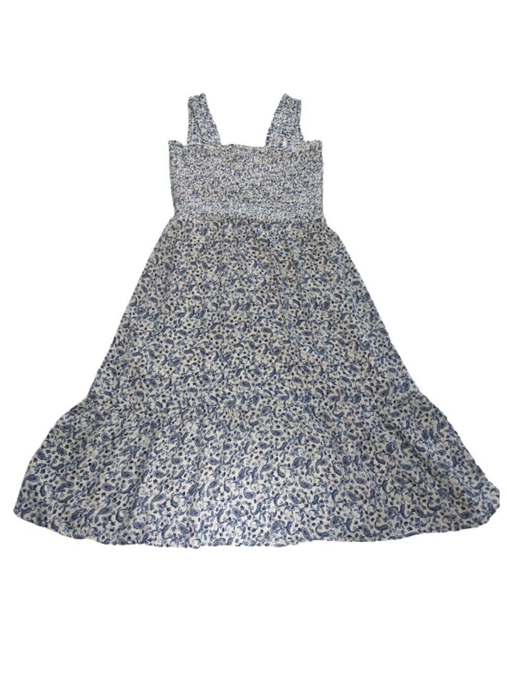 The General Good Elisa Smocked Midi Dress Blue White Paisley M